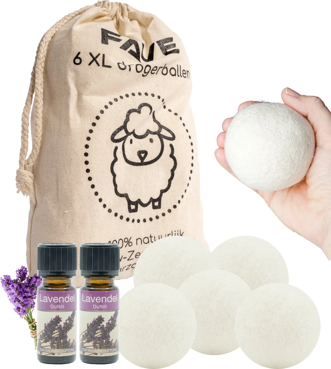 FAVE Drogerballen XL - 6 Stuks - Inclusief 2x Lavendelolie & Opbergzakje - Wasbol - Wasballen - Doseerbol - Droogballen - Duurzaam 3 FAVE Drogerballen XL - 6 Stuks - Inclusief 2x Lavendelolie & Opbergzakje - Wasbol - Wasballen - Doseerbol - Droogballen - Duurzaam